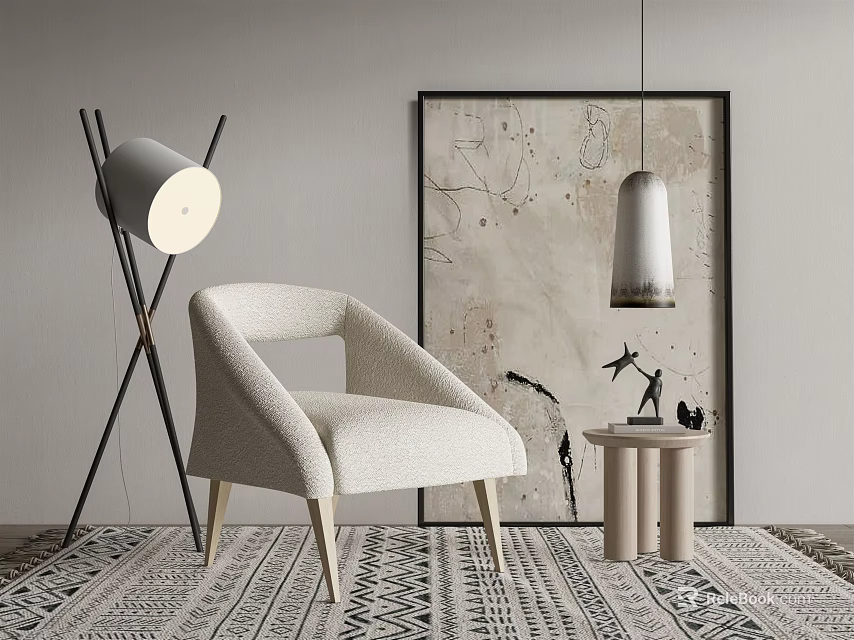 Modern Light Toned Single Sofa with Curved Arms featuring Floor Lamp Artwork and Patterned Rug 3d model