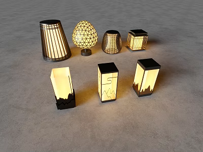 Multiple Designed Outdoor Lights with Woven Spherical and Square Shapes Illuminated 3d model