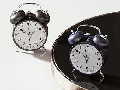Two Black And Navy Blue Alarm Clocks With Bells On Black Round Tabletop White Background 3d model