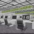 Modern Open Layout Public Office Space With Multiple Desks Computer Monitors And Hanging Greenery 3d model