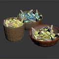 Handwoven Baskets And Ceramic Bowls With Green Leaves And Seeds For Home Daily Use