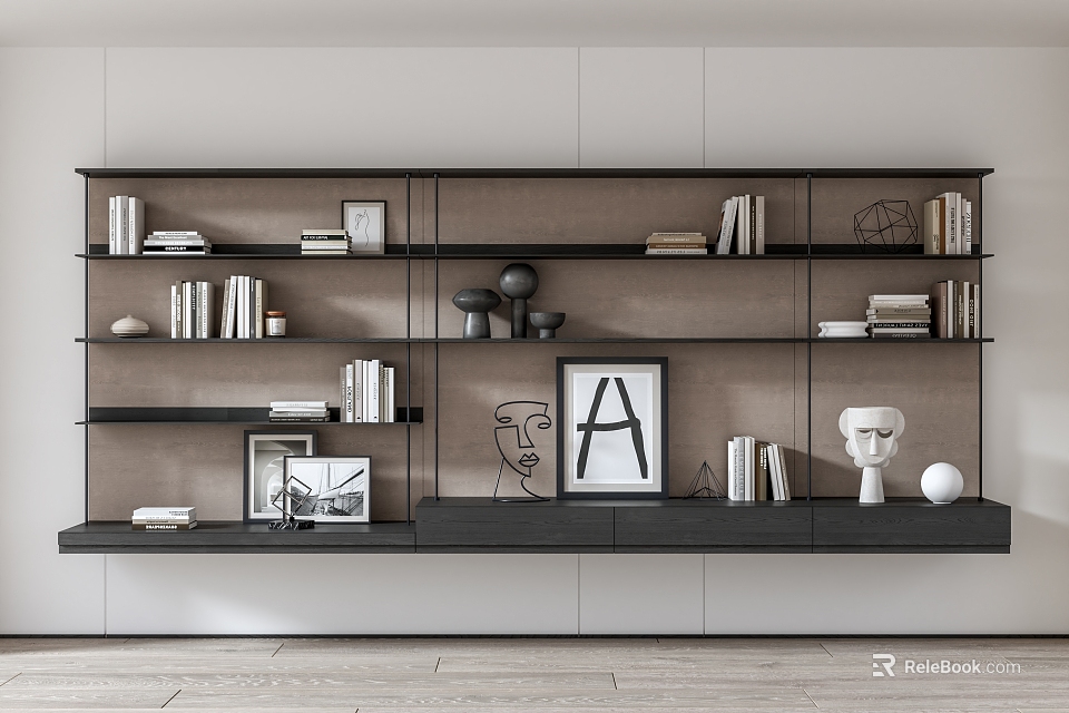 Modern Bookcase With Open Shelves Books Sculptures And Decorative Art Frames 3d model 