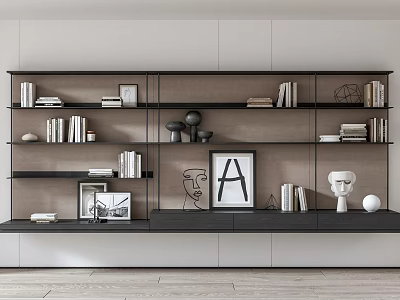Modern Bookcase With Open Shelves Books Sculptures And Decorative Art Frames 3d model