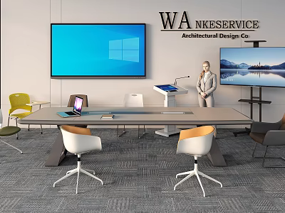 Modern Conference Room with Large Conference Table Multiple Chairs and Digital Display Screen 3d model