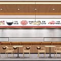 Restaurant Interior With Service Counter Washbasin Tables Chairs Menu Boards Wooden Ceiling And Pendant Lights