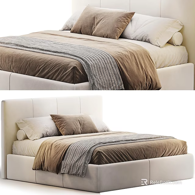 Modern Double Bed With White Headboard Brown Duvet And Gray Throw Pillows 3d model 