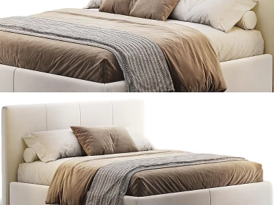 Modern Double Bed With White Headboard Brown Duvet And Gray Throw Pillows 3d model