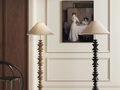 Wooden And Black Spiral Floor Lamps In Elegant Interior 3d model