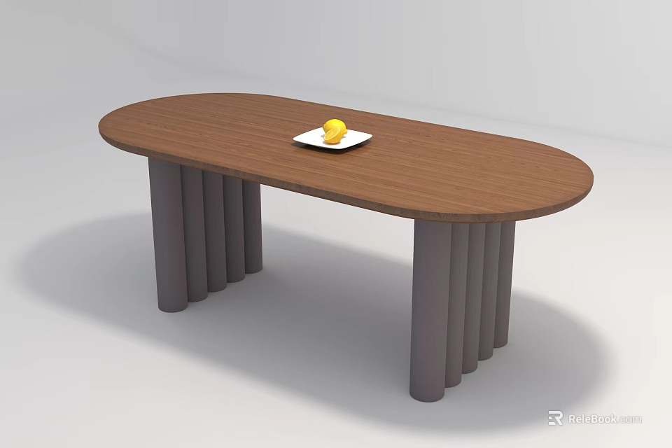 Oval Wooden Coffee Table With Gray Cylindrical Legs White Plate And Yellow Lemon 3d model 