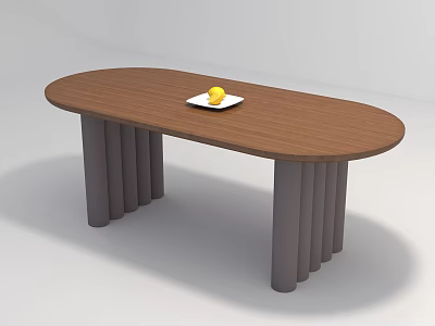 Oval Wooden Coffee Table With Gray Cylindrical Legs White Plate And Yellow Lemon 3d model