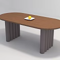 Oval Wooden Coffee Table With Gray Cylindrical Legs White Plate And Yellow Lemon