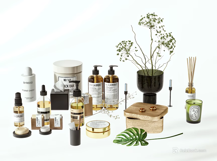 Stylish Bathroom Accessories With Soap Dispensers Aromatherapy Jars Decorative Plants And Storage Boxes 3d model 