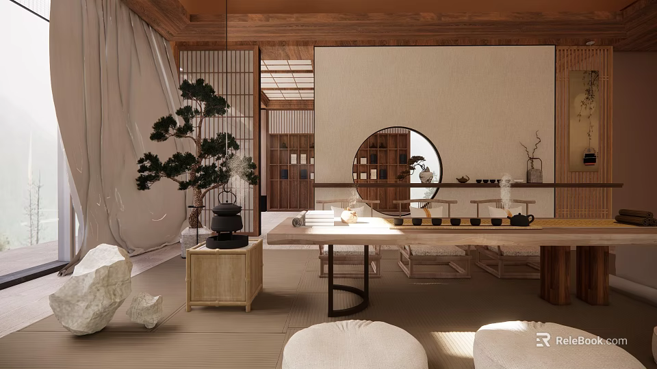 Japanese Style Tea Room Interior With Wooden Structure Tatami Mats Round Mirror And Pine Bonsai 3d model 