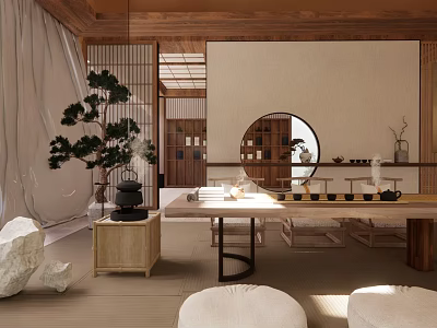 Japanese Style Tea Room Interior With Wooden Structure Tatami Mats Round Mirror And Pine Bonsai 3d model