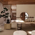 Japanese Style Tea Room Interior With Wooden Structure Tatami Mats Round Mirror And Pine Bonsai