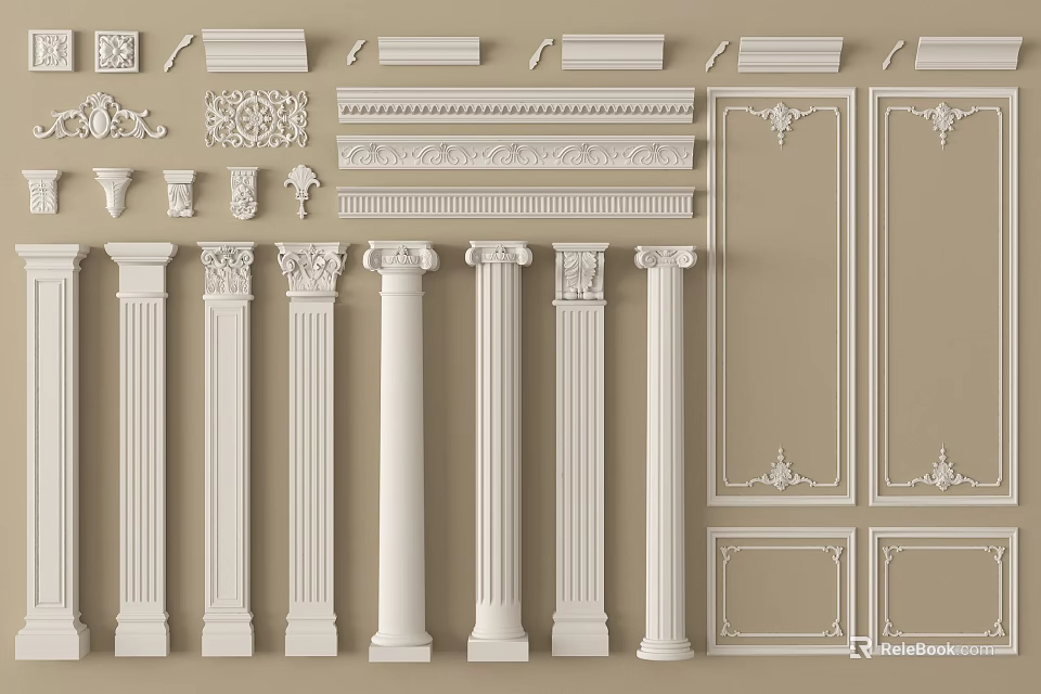 Various Gypsum Molding Designs With Ornate Patterns And Column Details For Interior Decoration 3d model 