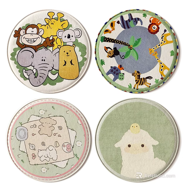 Round Kids Room Rugs With Cute Animal Patterns Elephant Monkey Giraffe Tiger Alpaca Designs 3d model 