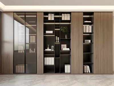 Modern Bookcase With Glass Doors Wooden Shelves Books Decorative Items And Potted Plant 3d model