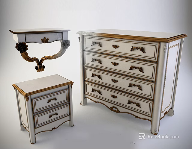 Vintage Style Bedside Table With Drawers Carved Details Gold Trim And Classic Design 3d model 