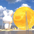 Giant White Rabbit Inflatable Standing On Yellow Moon With Blue Sky Clouds And Person Below