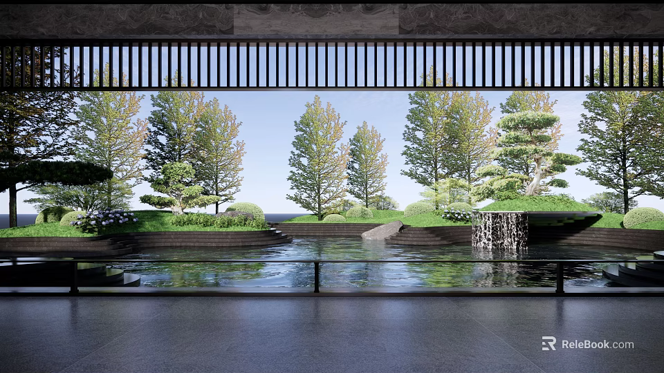Serene Garden Landscape With Wooden Lattice Water Pond Stone Steps And Tree Reflections 3d model 