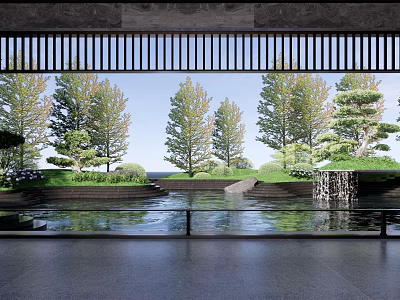 Serene Garden Landscape With Wooden Lattice Water Pond Stone Steps And Tree Reflections 3d model