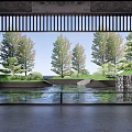 Serene Garden Landscape With Wooden Lattice Water Pond Stone Steps And Tree Reflections