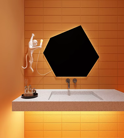 Bathroom Sink With Hexagonal Black Mirror Yellow Trim Orange Tiled Wall And Marble Countertop 3d model