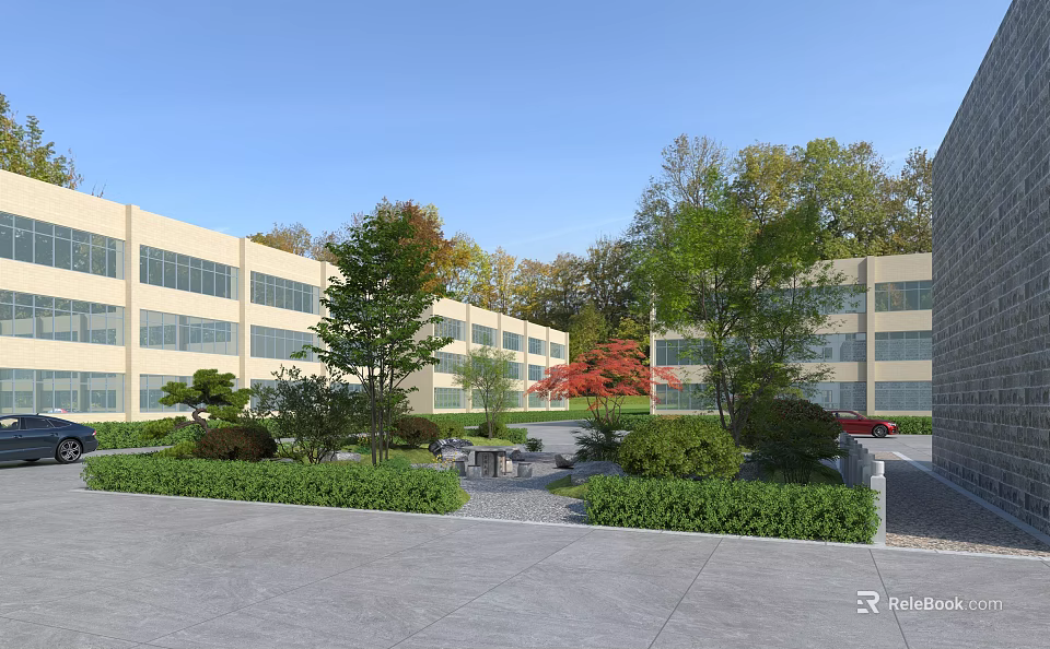 Park Landscape With Modern Buildings Various Trees Green Shrubs Paths And Leisure Seats 3d model 