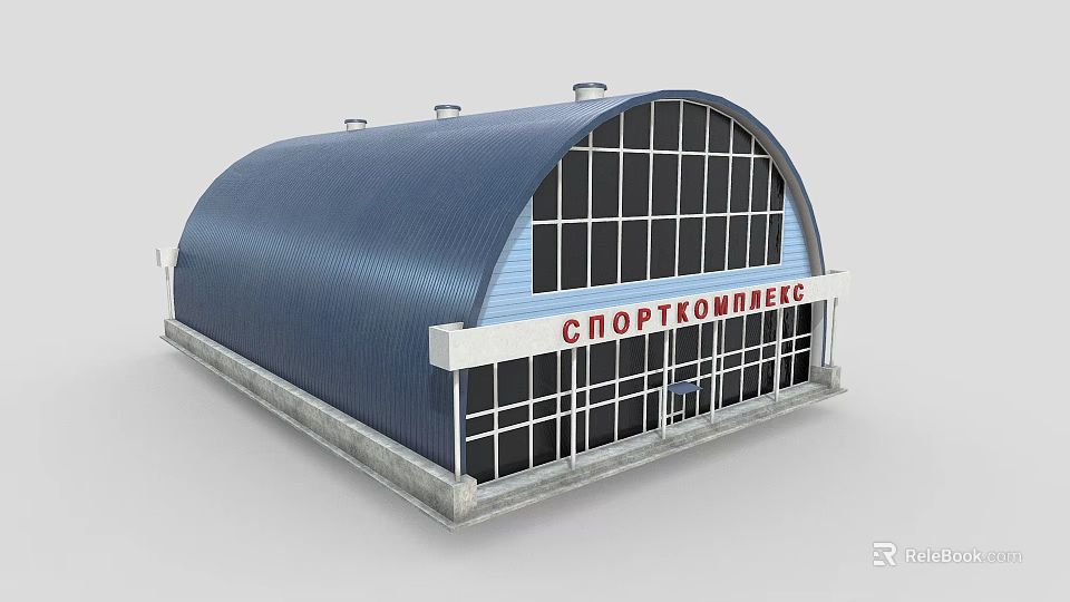 Modern Sport Complex Exterior With Blue Curved Roof Large Glass Windows And White Red Signage 3d model 