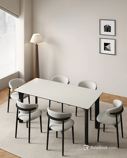 Modern Interior Dining Table Set With White Top Six Chairs Floor Lamp And Wall Paintings 3d model 