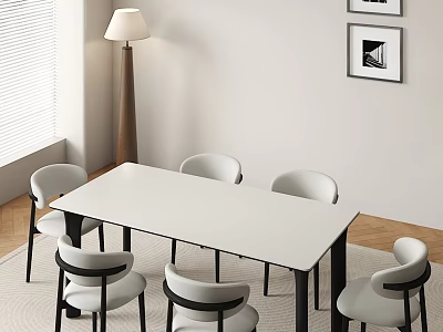 Modern Interior Dining Table Set With White Top Six Chairs Floor Lamp And Wall Paintings 3d model