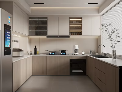 Modern Kitchen Interior With Cabinets Stainless Steel Refrigerator Counter Appliances And Lighting 3d model