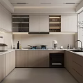 Modern Kitchen Interior With Cabinets Stainless Steel Refrigerator Counter Appliances And Lighting