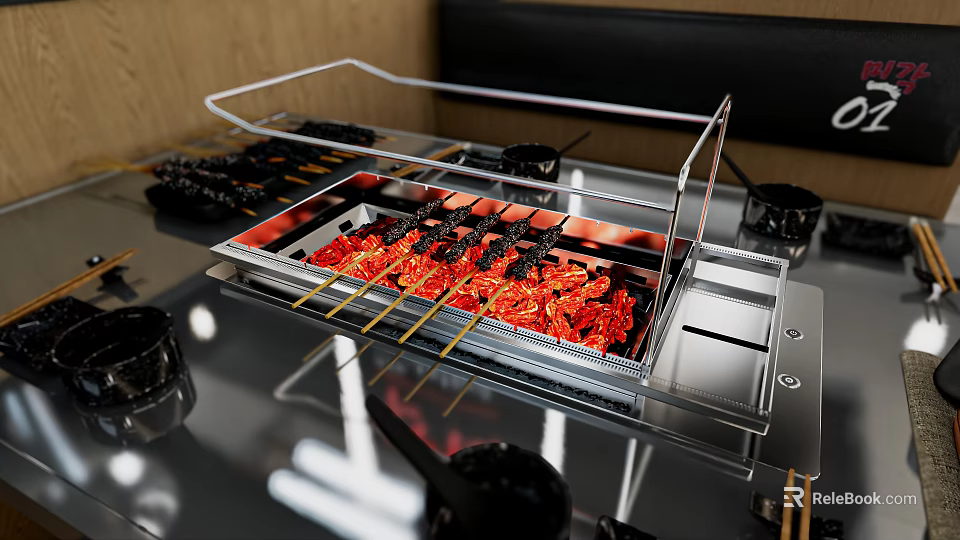 Modern Stainless Steel Kitchen Stove With Transparent Grill Rack And Red Grilled Skewers 3d model 