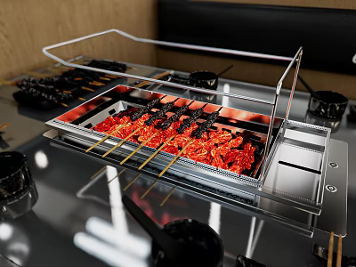 Modern Stainless Steel Kitchen Stove With Transparent Grill Rack And Red Grilled Skewers 3d model