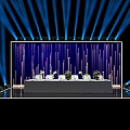 Stage With Blue Lighting And Purple Vertical Stripes Backdrop Long Table White Flowers Table Setting 3d model