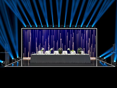 Stage With Blue Lighting And Purple Vertical Stripes Backdrop Long Table White Flowers Table Setting 3d model