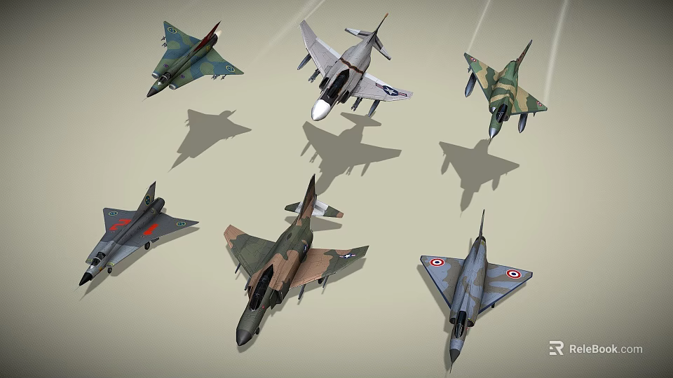 Six Different Models Of Fighter Jets Flying In The Air With Camouflage Paint And Markings 3d model 