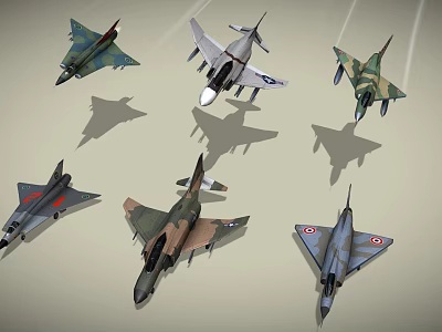 Six Different Models Of Fighter Jets Flying In The Air With Camouflage Paint And Markings 3d model