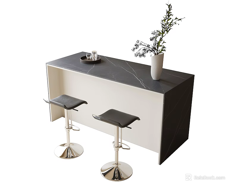 Modern Bar Counter With Black Marble Top White Cabinet And Metal Leg Bar Stools 3d model 