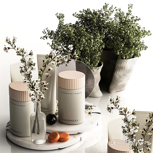 Minimalist Bathroom Accessories White Jars With Pink Lids And Green Plants Decor 3d model 