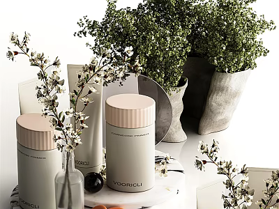 Minimalist Bathroom Accessories White Jars With Pink Lids And Green Plants Decor 3d model
