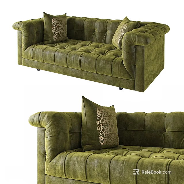 Multiple People Comfortable Seating On Green Tufted Vintage Sofa With Pillows 3d model