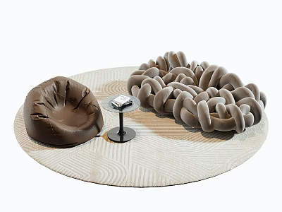 Brown And Gray Knitted Bean Bag Chairs With Small Table On Round Rug 3d model