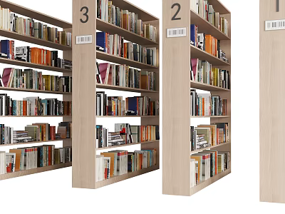 Wooden Bookshelves Filled With Books On Multiple Layers In Library 3d model