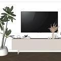 Modern Light TV Stand With Arched Panels Table Lamp Books Dried Grass Vase And Sculpture