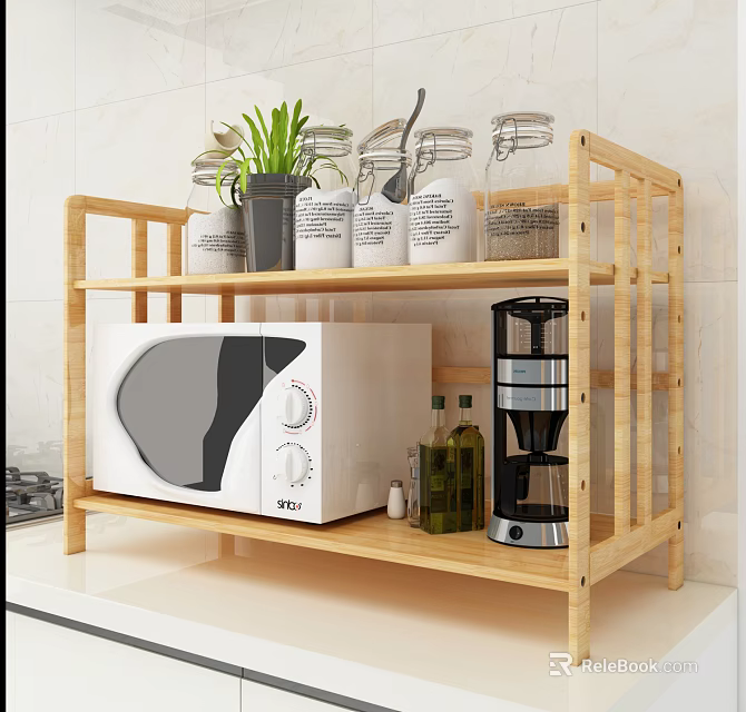 Wooden Kitchen Shelf With Glass Jars Green Plant Microwave Coffee Maker Olive Oil Salt Shaker 3d model 
