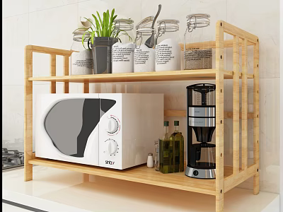 Wooden Kitchen Shelf With Glass Jars Green Plant Microwave Coffee Maker Olive Oil Salt Shaker 3d model