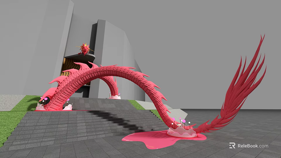 Pink Dragon Sculpture Photo Spot With Curved Body And Modern Architecture Background 3d model 